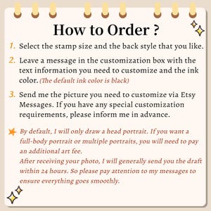 May include: A handwritten note on a yellow background with black text explaining how to order a custom portrait stamp. The note includes instructions for selecting the stamp size, back style, and ink color. It also mentions sending a picture for customization and the option to pay an additional fee for full-body or multiple portraits.