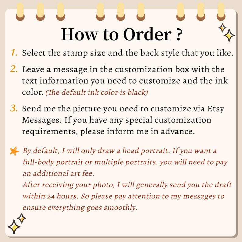 May include: A handwritten note on a yellow background with black text explaining how to order a custom portrait stamp. The note includes instructions for selecting the stamp size, back style, and ink color. It also mentions sending a picture for customization and the option to pay an additional fee for full-body or multiple portraits.