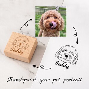 May include: A wooden stamp with a hand-drawn illustration of a dog and the name "Teddy" engraved on it. The stamp is next to a photo of the dog and a hand-drawn illustration of the dog's head.