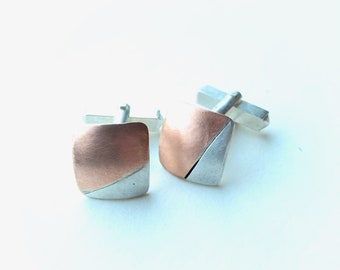 Statement cufflinks in silver and copper square, 2 colors, matt brushed, gift for special occasions, men's jewelry