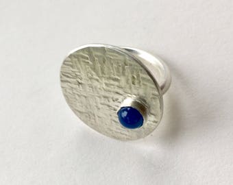 large round silver ring with blue agate on a large silver disc, statement large silver disc - solitaire ring