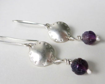 Silver earring with amethyst pearl statement, party jewelry, earrings with silver lens (935) and real amethyst pearl, movable