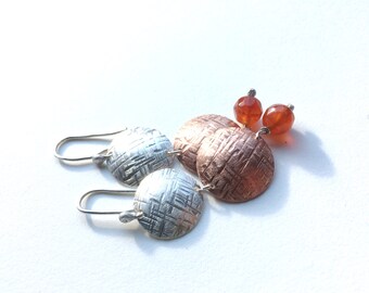 Silver earrings hanging with copper and carnelian pearl, statement, round hanging earrings curved, matt hammered, unique and handmade