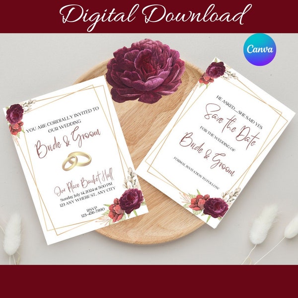 Burgundy Rose Wedding Invitation, Save the Date, Table Numbers, menu, Minimalist Wedding Invite Suite, Modern Invitation Set Template Canva