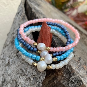 Freshwater Pearl Bracelets, Beaded Bracelet, Pearl Jewelry, Seed Bead Jewelry, Beach Bracelet, Pearl Stretch Bracelet, summer jewerly.