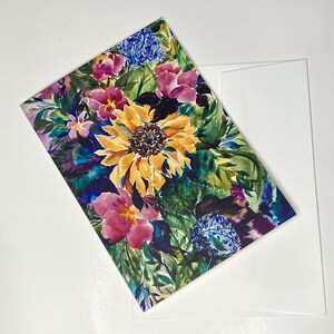 Carte de voeux d'artiste : Tournesol à l'aquarelle. Conception imprimée d'une peinture originale par Annie MK