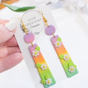 Rainbow flower earrings, ombre rainbow clay earrings