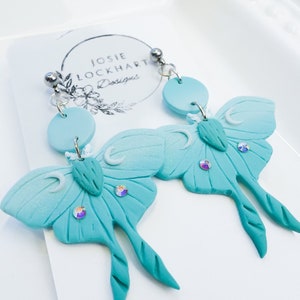 Blue moth earrings, Luna moth earrings, celestial clay earrings