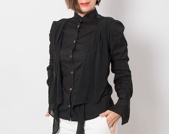 RICHMOND Black Gothic Blouse with front Silk Vest Cotton Goth Blouse Mock Neck Shirt Epaulettes Medium Size