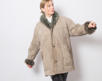 ORIGINAL Vintage Shearling Coat Grey Oversize Suede Sheepskin Coat Thick long sheep fur hair Medium Size