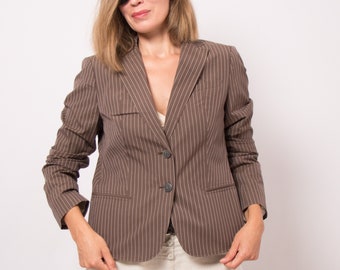 HUGO BOSS Brown Cotton Jacket Striped Blazer Summer Blazer Women Pure % 100 Cotton Blazer Medium Size Travel Cruise Style