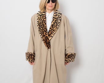 Vintage Long Beige Wool Coat Faux Fur Leopard Collar Oversized Wool Coat can fit L, XL Size Gift for Wife Daughter Niece