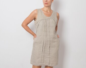 JEAN PAUL Linen Tank Dress with pockets Linen Pinafore Dress with Silk Patches Pleated Front Medium Size