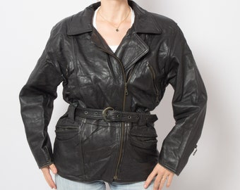 Vintage Moto Jacket Ladies Leather Biker Jacket Rock Leather Jacket Ladies Motorcycle Jacket Oversized Shoulders Belted Large Size