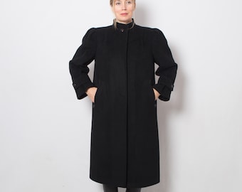 Original vintage manteau long en laine noire classique minimaliste cadeau de taille moyenne pour petite amie