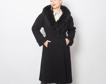 Manteau en laine vintage ceinturé Manteau d'hiver avec col en fourrure véritable, taille moyenne, fabriqué en Angleterre, cadeau pour femme, petite amie