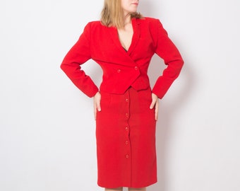 1980s WALLIS Exclusive Red Skirt Suit consist from Pencil Button Down Skirt with Cropped Double Breasted Blazer Small Size Gift for Wife