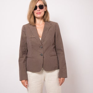 HUGO BOSS Brown Cotton Jacket Striped Blazer Summer Blazer Women Pure % 100 Cotton Blazer Medium Size Travel Cruise Style image 3