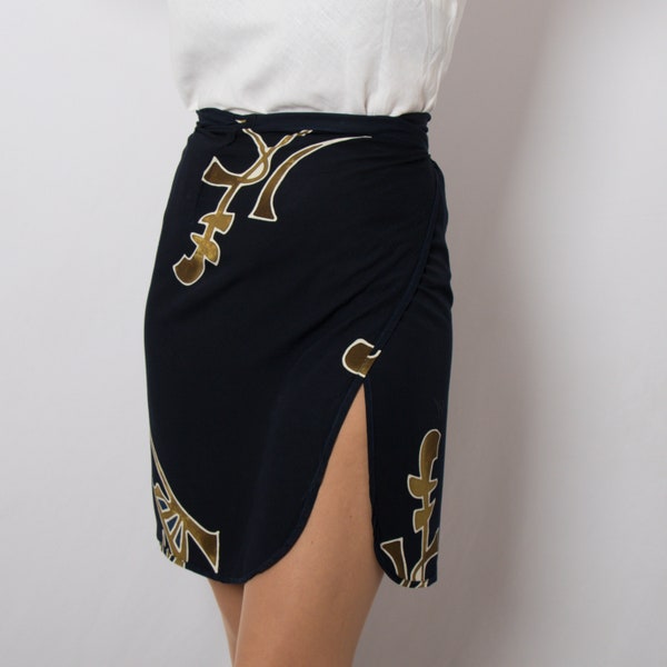 Vintage Mini Wrap Skirt Dark Blue with Hieroglyphs Beach Sarong Skirt Wrap Around Skirt Size best XXS, XS Size