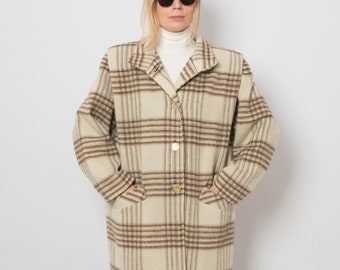 Vintage Plaid Wool Coat Oversized Wool Coat Medium Size College Professor Preppy Dark Academia