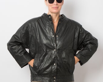 90s Vintage Leather Bomber Jacket Women snap closure, padded shoulders. FEELS UNISEX WEAR. will fit M, L Size Gift for Wife Girlfriend