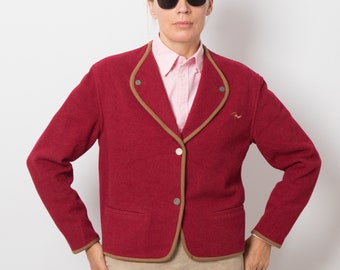 Vintage Felted Jacket Red Wool Felt Jacket with Pockets Folk Style Medium Size