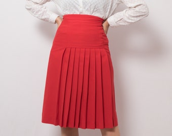 Vintage Red Pleated Skirt Knife Pleat Skirt Wool Pleated Skirt Small Size Secretary Preppy Teacher Skirt W 26