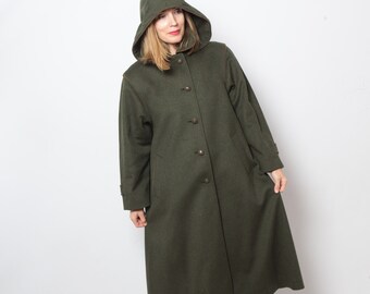 Vintage manteau en laine vert manteau à capuche en laine manteau trapèze manteau midi cadeau de taille moyenne pour petite amie femme fille