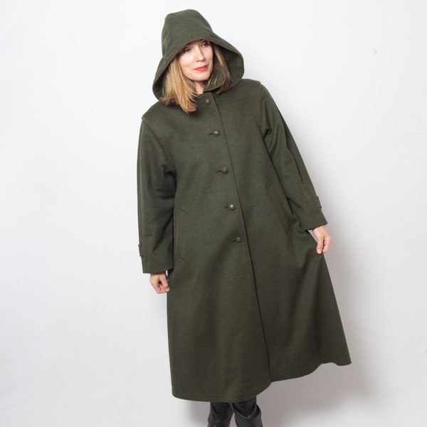 Vintage Green Wool Coat Wool Hooded Coat Trapeze Coat Midi Coat Medium Size Gift for Girlfriend Wife Daughter