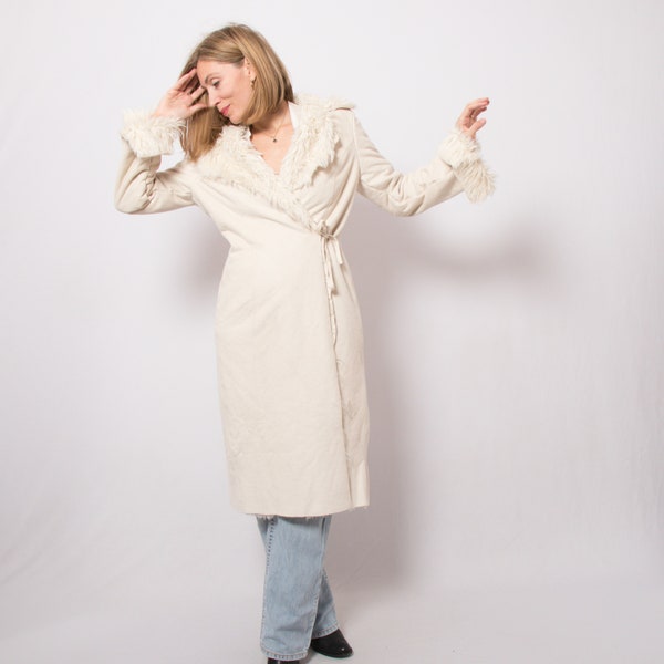 Vintage White Sherpa Coat Penny Lane Coat Wrap Afghan Coat Faux Shearling Coat suggested S, M Size Gift for Girlfriend Wife Vegan Friendly