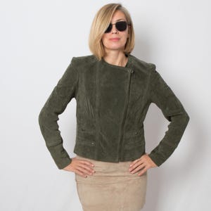 Blouson moto en daim vert Année 2000 - Blouson moto court en cuir Taille M Cadeau pour petite amie