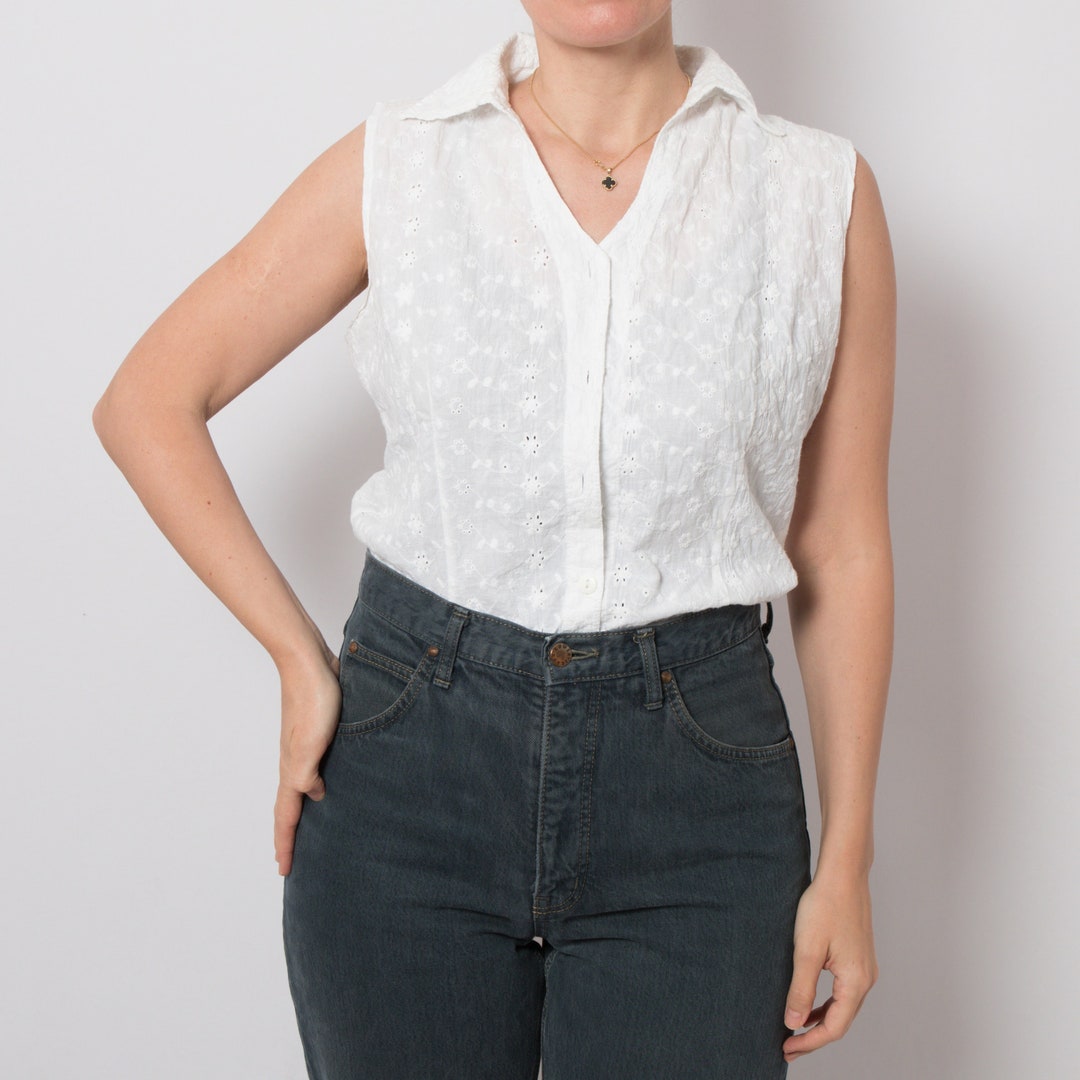 white eyelet sleeveless blouse ... s