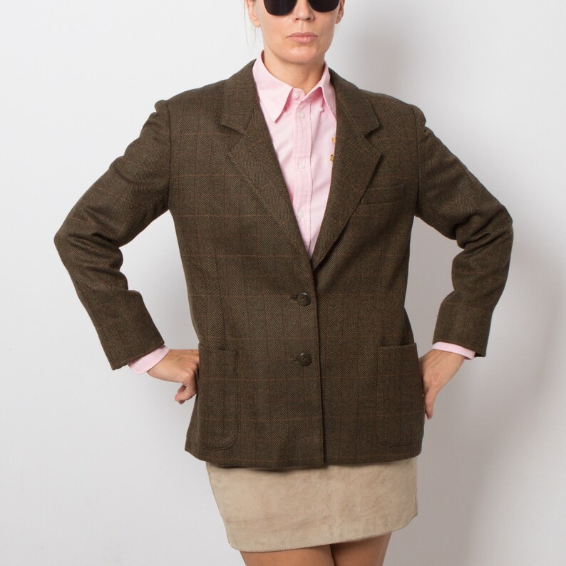 Vintage Brown Plaid Wool Blazer Women Equestrian Jacket Gift for Girlfriend Wife Daughter will fit M, L Size image 1