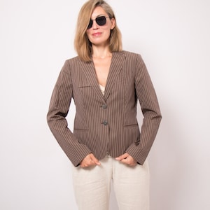 HUGO BOSS Brown Cotton Jacket Striped Blazer Summer Blazer Women Pure % 100 Cotton Blazer Medium Size Travel Cruise Style image 4