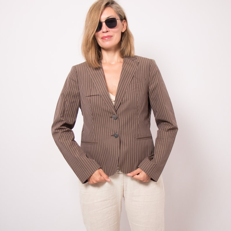 HUGO BOSS Brown Cotton Jacket Striped Blazer Summer Blazer Women Pure % 100 Cotton Blazer Medium Size Travel Cruise Style image 4