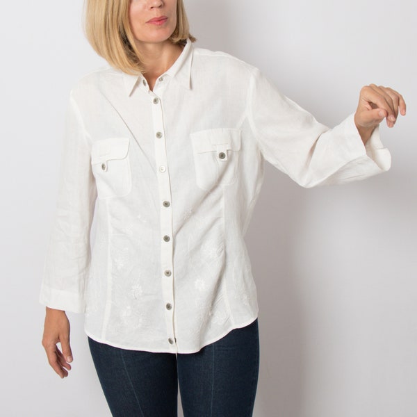 WEEKEND MAXMARA White loose Linen Shirt Embroidered Romantic Blouse can fit Medium / Large Size