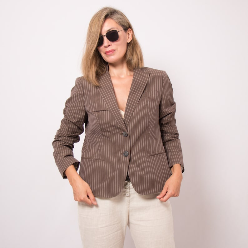 HUGO BOSS Brown Cotton Jacket Striped Blazer Summer Blazer Women Pure % 100 Cotton Blazer Medium Size Travel Cruise Style image 1