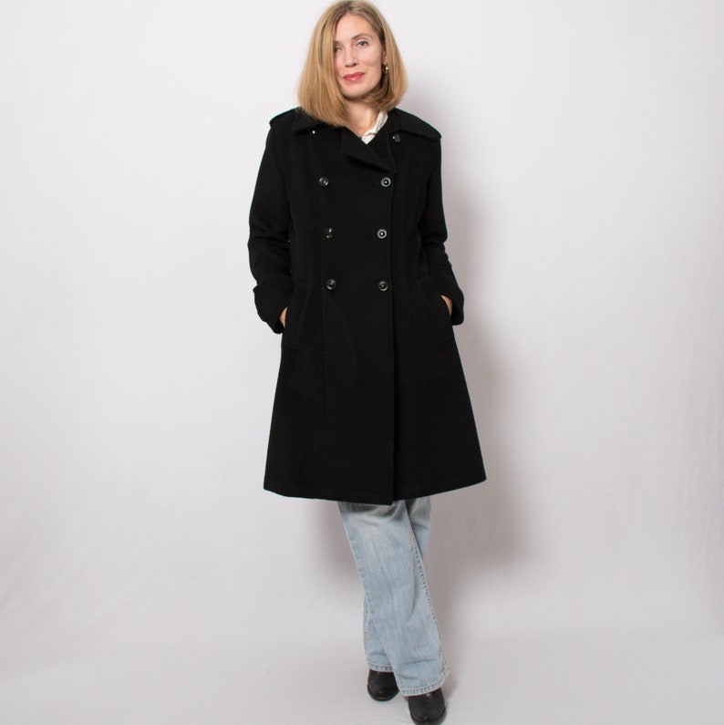 Vintage Women Black Cashmere Coat Pea Coat With Shoulder Epaulettes Goth Coat Double Breasted