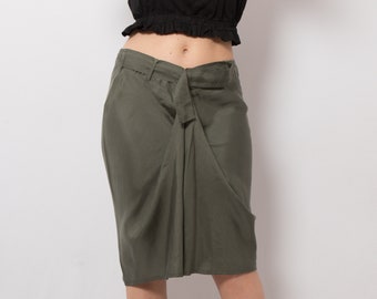 LIU JO Draped Skirt Green Silk Skirt Asymmetrical Skirt Khaki Skirt W 33 inches Large Size