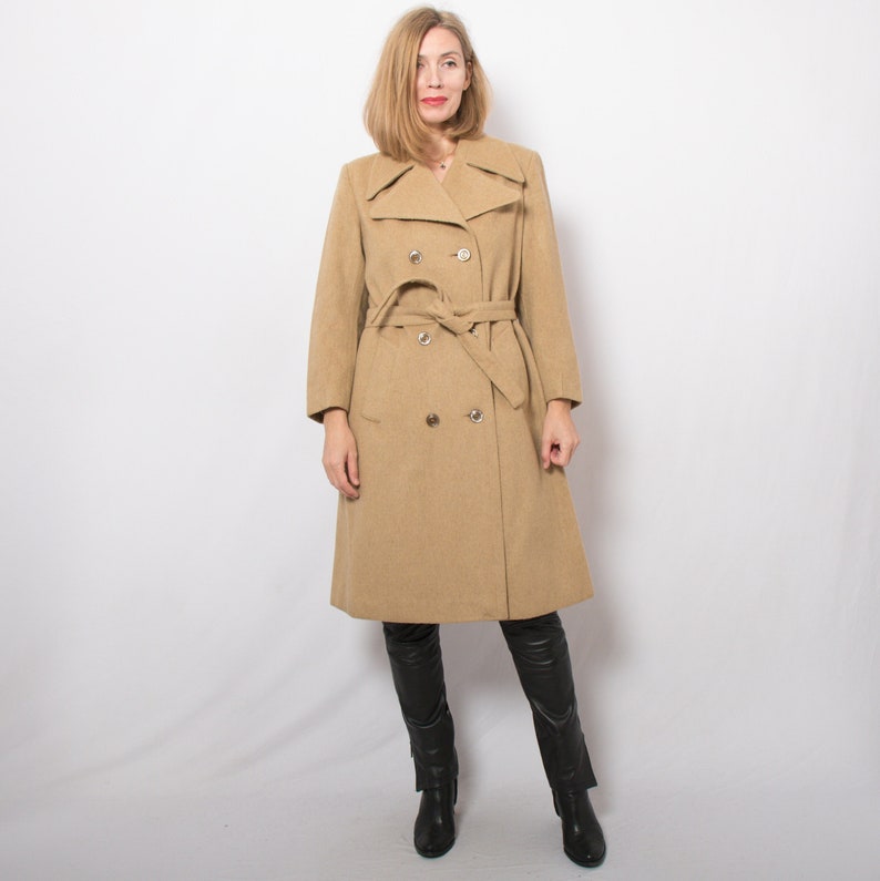 70s Tan Double Breasted Trench Coat Wool Trench Coat Medium Size by EMMANUELLE image 1