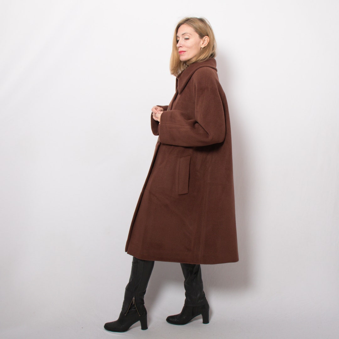 Vintage Rich Brown Wool Coat Raglan Sleeve Coat Midi Collared Long