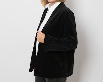 Vintage Black Velvet Jacket Velvet Blazer Women Velvet Cardigan Open Front Cardigan can fit Medium Large Size