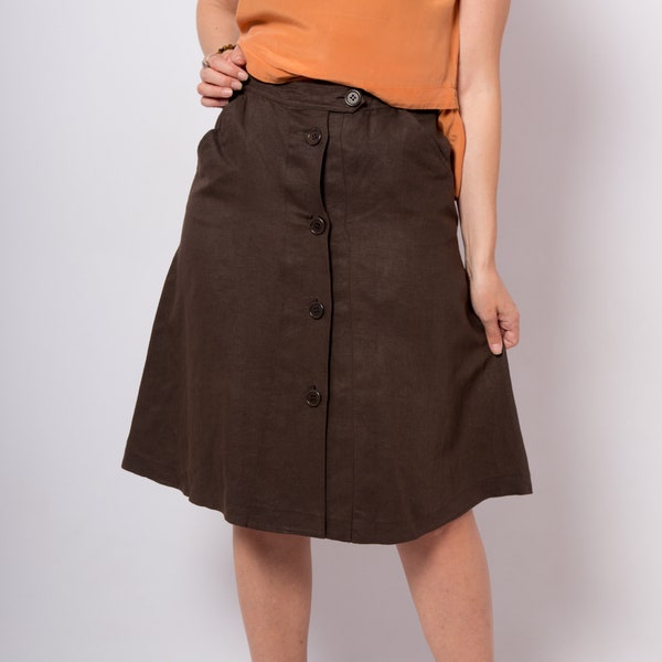 ASPESI Brown Linen Button Down Skirt with Pockets Waist 29 inches Medium Size Made in Italy