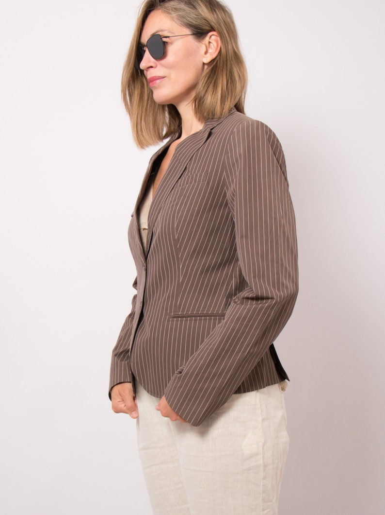 HUGO BOSS Brown Cotton Jacket Striped Blazer Summer Blazer Women Pure % 100 Cotton Blazer Medium Size Travel Cruise Style image 5