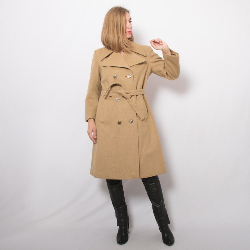 70s Tan Double Breasted Trench Coat Wool Trench Coat Medium Size by EMMANUELLE image 8