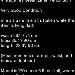 Vintage Tea Green Linen Pencil Skirt Office Work Business Style Waist 29 inches Small Size image 7