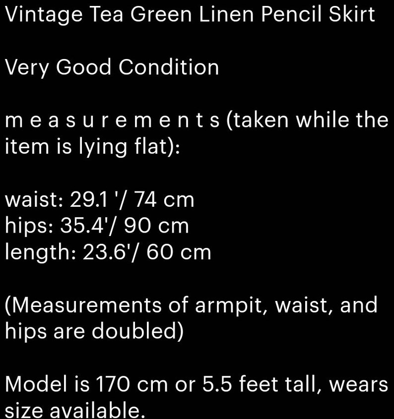 Vintage Tea Green Linen Pencil Skirt Office Work Business Style Waist 29 inches Small Size image 7