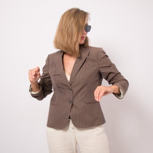 HUGO BOSS Brown Cotton Jacket Striped Blazer Summer Blazer Women Pure % 100 Cotton Blazer Medium Size Travel Cruise Style image 8