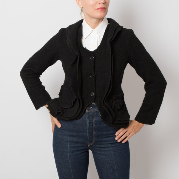 Veste italienne noire en laine bouillie, veste feutrée, petite taille, cadeau automne-hiver pour petite amie, femme, fille