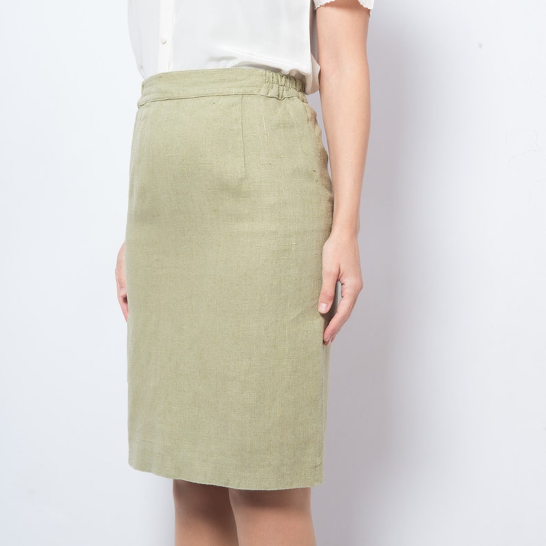 Vintage Tea Green Linen Pencil Skirt Office Work Business Style Waist 29 inches Small Size image 2